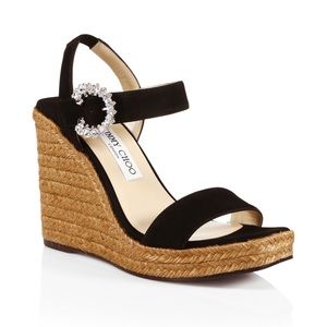 Jimmy Choo Mirabelle Crystal-Embellished Suede Espadrille Wedge Sandals Size 38